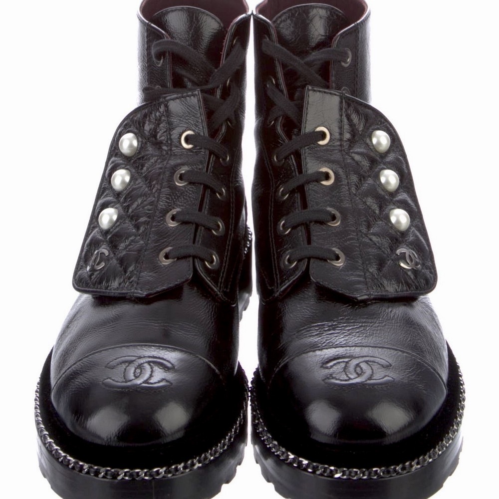CHANEL Black Leather Combat Boots with Silver Accents